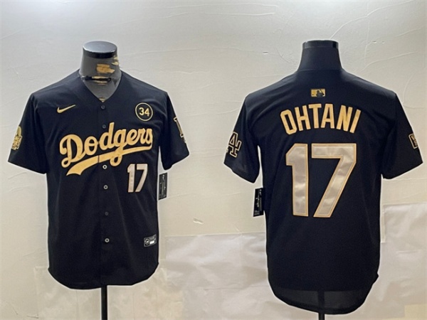 Los Angeles Dodgers #17 Shohei Ohtani Black Gold 2024 World Series With No. 34 Patch Limited Stitched Jersey - Click Image to Close